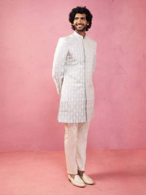 grey jacquard indo-western kurta with cream trousers - modern ethnic set 4