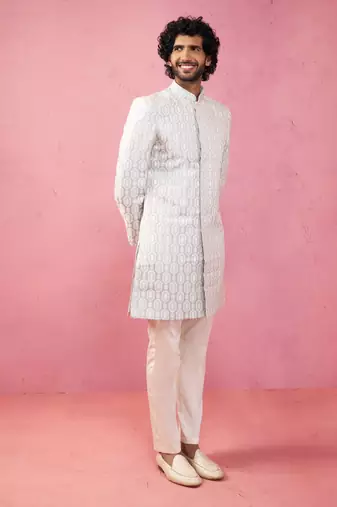 grey jacquard indo-western kurta with cream trousers - modern ethnic set