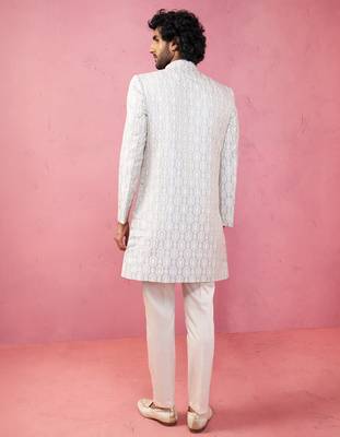 grey jacquard indo-western kurta with cream trousers - modern ethnic set 5