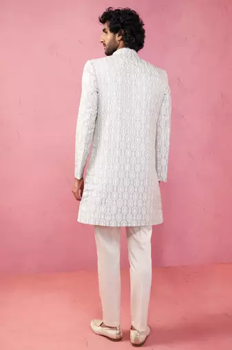 grey jacquard indo-western kurta with cream trousers - modern ethnic set