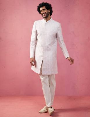 purple jacquard indo-western kurta with cream trousers - festive set 1