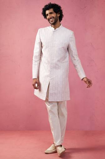 Vastramay purple jacquard indo-western kurta with cream trousers - festive set