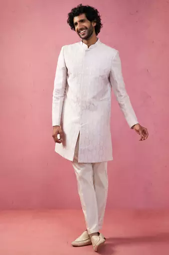 Vastramay purple jacquard indo-western kurta with cream trousers - festive set