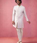 Vastramay purple jacquard indo-western kurta with cream trousers - festive set