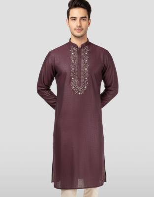 wine zudio emboss silk kurta - bead mirror embroidered wedding ethnic 1