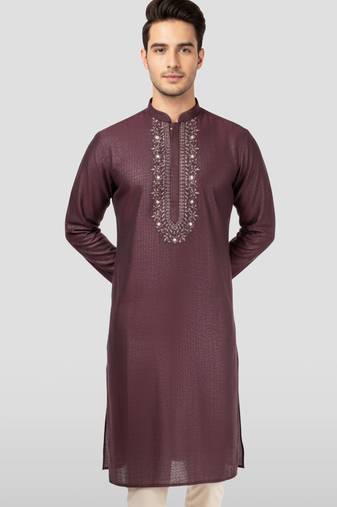 Vastramay men's wine zudio emboss silk kurta - bead mirror embroidered wedding ethnic