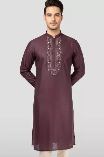 Vastramay men's wine zudio emboss silk kurta - bead mirror embroidered wedding ethnic