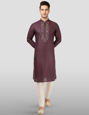 Maroon embroidered kurta with cream pyjama - beaded wedding set 1