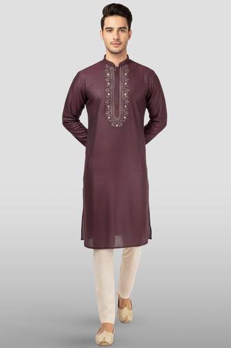 Vastramay men's Maroon embroidered kurta with cream pyjama - beaded wedding set