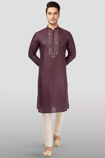 Vastramay men's Maroon embroidered kurta with cream pyjama - beaded wedding set
