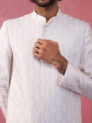 purple jacquard indo-western kurta with cream trousers - festive set 2