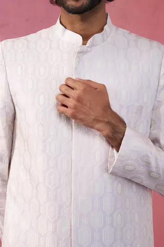 purple jacquard indo-western kurta with cream trousers - festive set