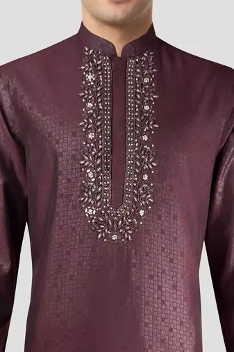 wine zudio emboss silk kurta - bead mirror embroidered wedding ethnic