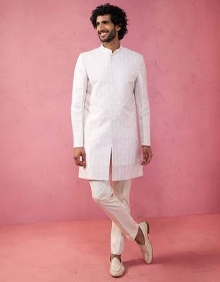purple jacquard indo-western kurta with cream trousers - festive set 3