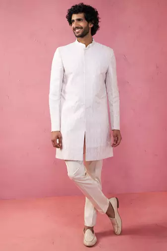 purple jacquard indo-western kurta with cream trousers - festive set