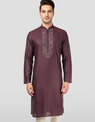 wine zudio emboss silk kurta - bead mirror embroidered wedding ethnic 3