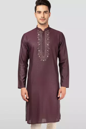 wine zudio emboss silk kurta - bead mirror embroidered wedding ethnic