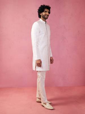 purple jacquard indo-western kurta with cream trousers - festive set 4