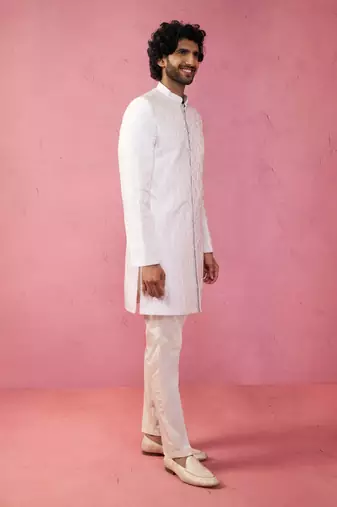 purple jacquard indo-western kurta with cream trousers - festive set