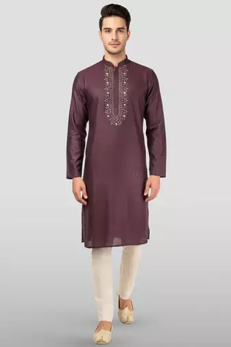 Maroon embroidered kurta with cream pyjama - beaded wedding set