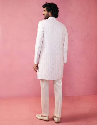 purple jacquard indo-western kurta with cream trousers - festive set 5