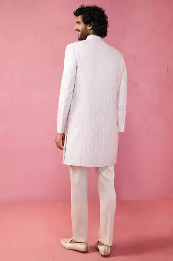 purple jacquard indo-western kurta with cream trousers - festive set