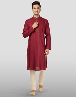 maroon embroidered kurta with cream pyjama - traditional wedding set 1