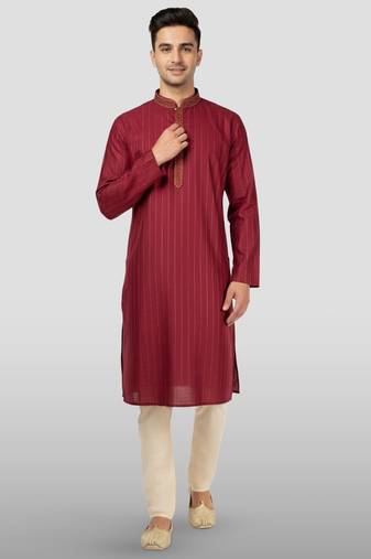 Vastramay men's maroon embroidered kurta with cream pyjama - traditional wedding set