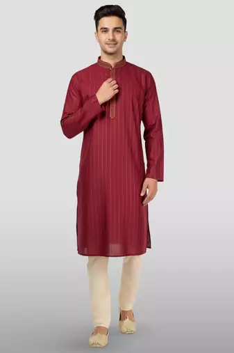 Vastramay men's maroon embroidered kurta with cream pyjama - traditional wedding set