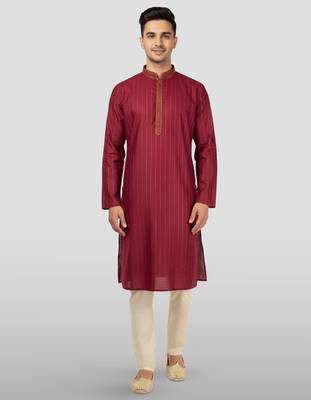 maroon embroidered kurta with cream pyjama - traditional wedding set 3