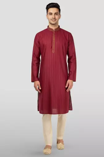 maroon embroidered kurta with cream pyjama - traditional wedding set