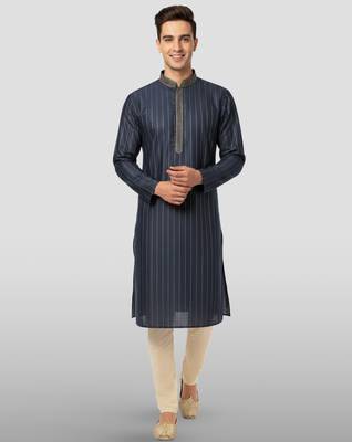 navy blue embroidered kurta with cream pyjama - traditional wedding set 1