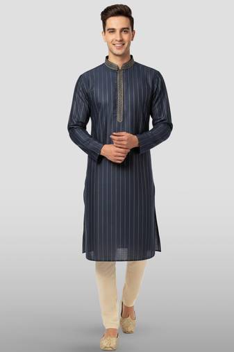 Vastramay navy blue embroidered kurta with cream pyjama - traditional wedding set