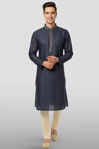 Vastramay men's navy blue embroidered kurta with cream pyjama - traditional wedding set