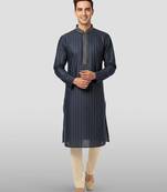 Vastramay navy blue embroidered kurta with cream pyjama - traditional wedding set