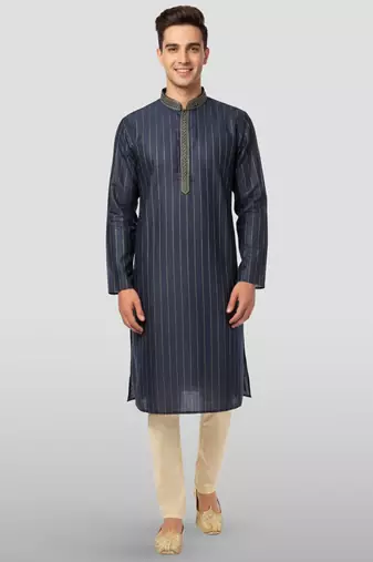 navy blue embroidered kurta with cream pyjama - traditional wedding set