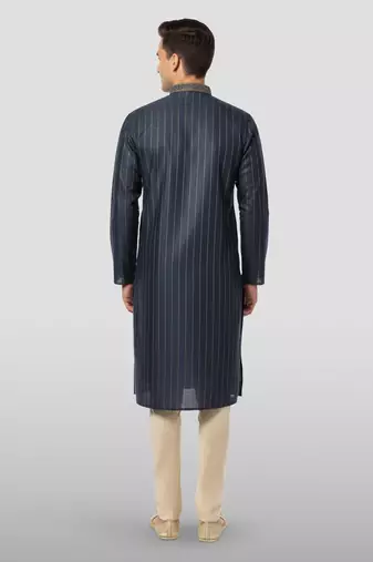navy blue embroidered kurta with cream pyjama - traditional wedding set
