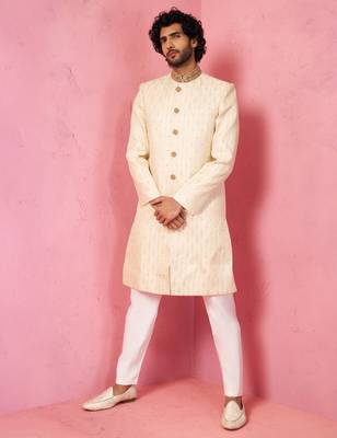 cream silk blend sherwani set with maroon motifs - wedding traditional set 1