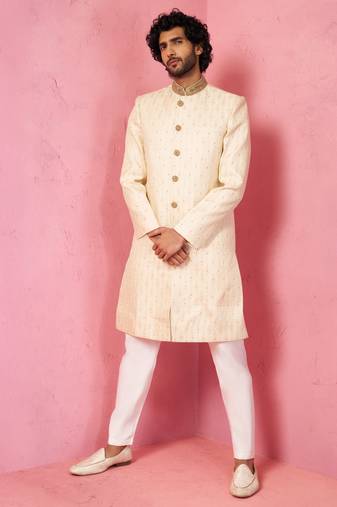 Vastramay men's cream silk blend sherwani set with maroon motifs - wedding traditional set
