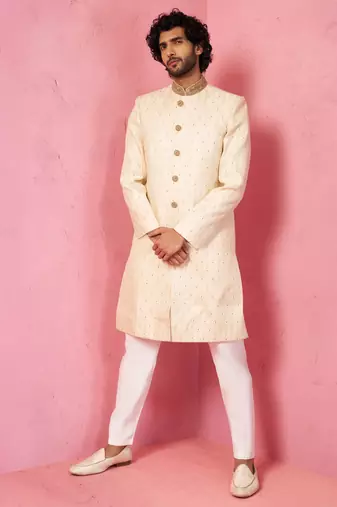 Vastramay men's cream silk blend sherwani set with maroon motifs - wedding traditional set