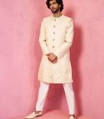 Vastramay cream silk blend sherwani set with maroon motifs - wedding traditional set