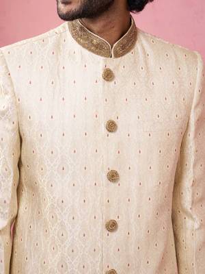 cream silk blend sherwani set with maroon motifs - wedding traditional set 2
