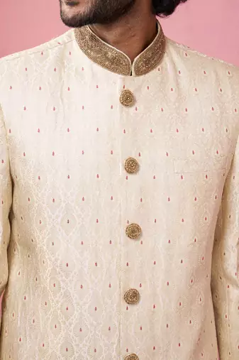 cream silk blend sherwani set with maroon motifs - wedding traditional set