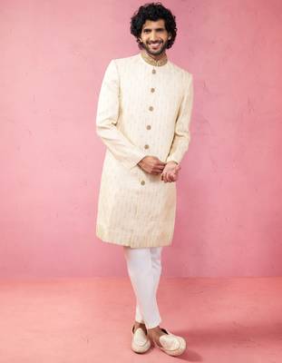 cream silk blend sherwani set with maroon motifs - wedding traditional set 3