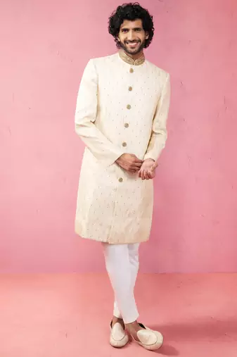 cream silk blend sherwani set with maroon motifs - wedding traditional set