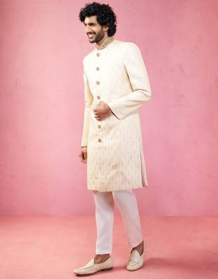 cream silk blend sherwani set with maroon motifs - wedding traditional set 4