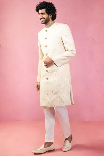 cream silk blend sherwani set with maroon motifs - wedding traditional set