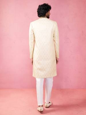 cream silk blend sherwani set with maroon motifs - wedding traditional set 5