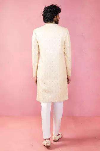 cream silk blend sherwani set with maroon motifs - wedding traditional set