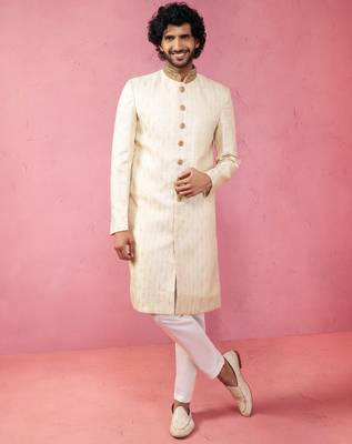 Yellow sherwani set with cream pyjama - traditional wedding set 1